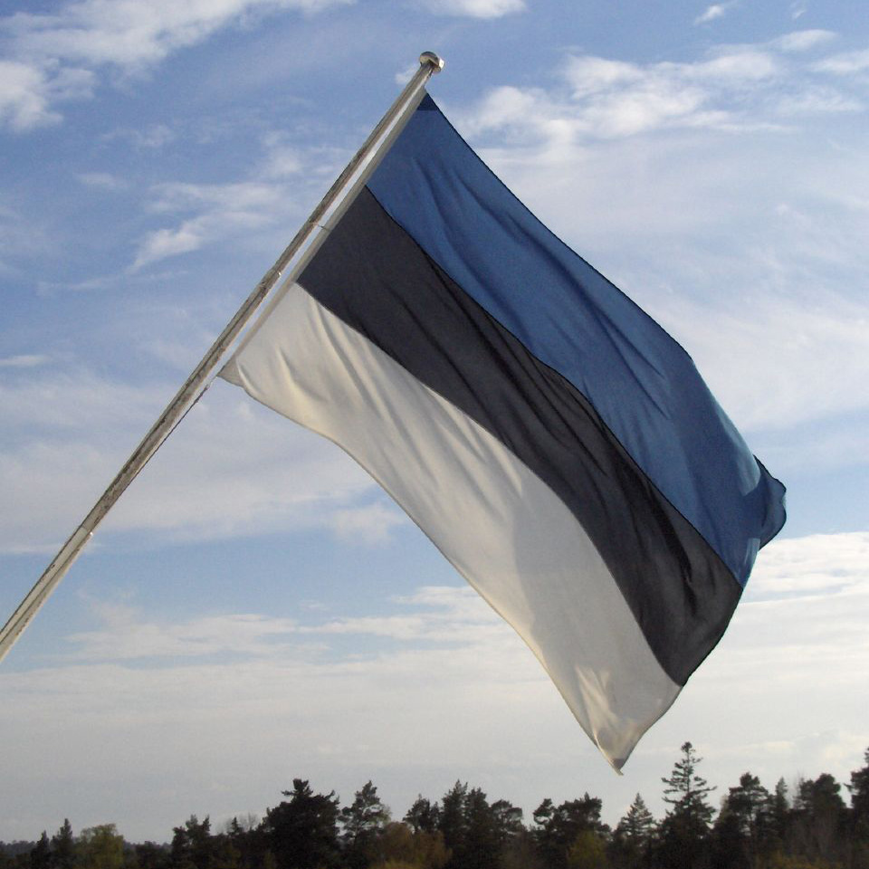 Flag of Estonian visible with trees in the background